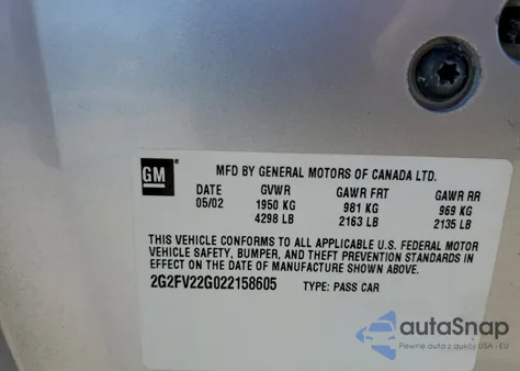 2002 Pontiac Firebird Formula z USA, uszkodzony, nr VIN 2G2FV22G022158605